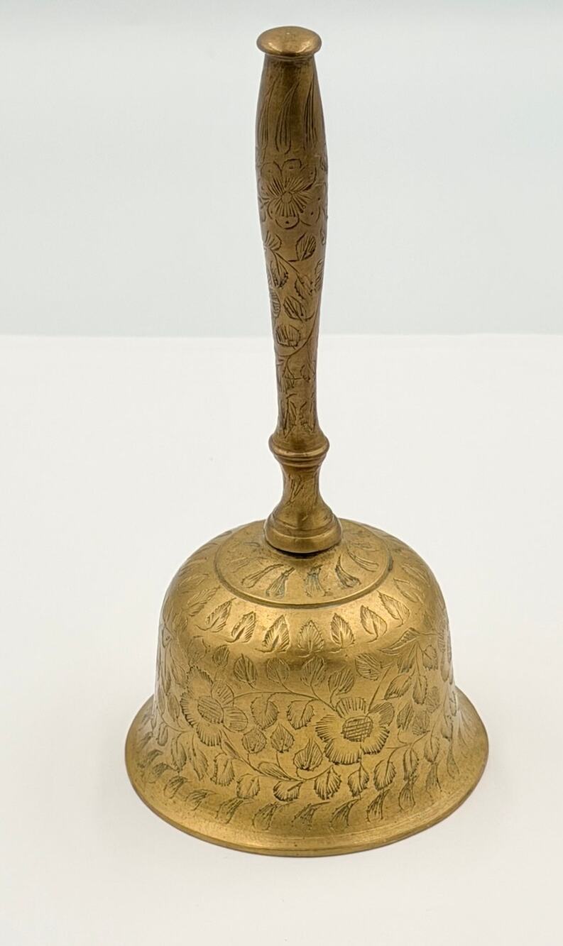 Vintage Solid Brass Hand-Etched Floral Motifs MCM Desk School Bell Decor